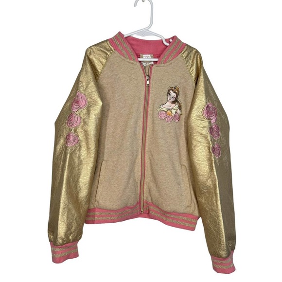 Disney Other - Disney Beauty and the Beast Belle Varsity Jacket Girls Size 9 to 10 Gold Pink